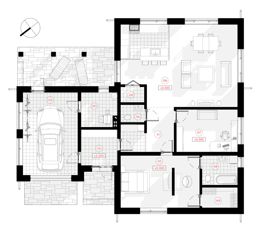 Small But Exceptional Single Storey Residential House Under The Four Slope Roof With Two Rooms